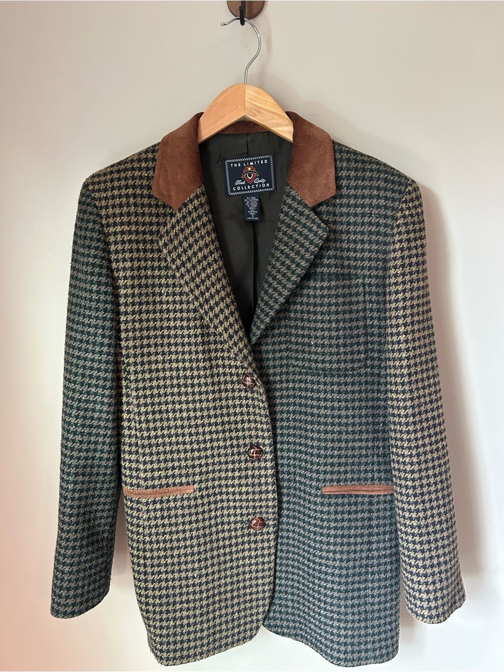 Vintage The Limited Wool Patchwork Houndstooth Blazer S Made in USA